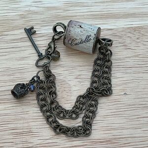 Castello Wine Cork Bracelet With Key And Crown On Aged Copper Colored Chains